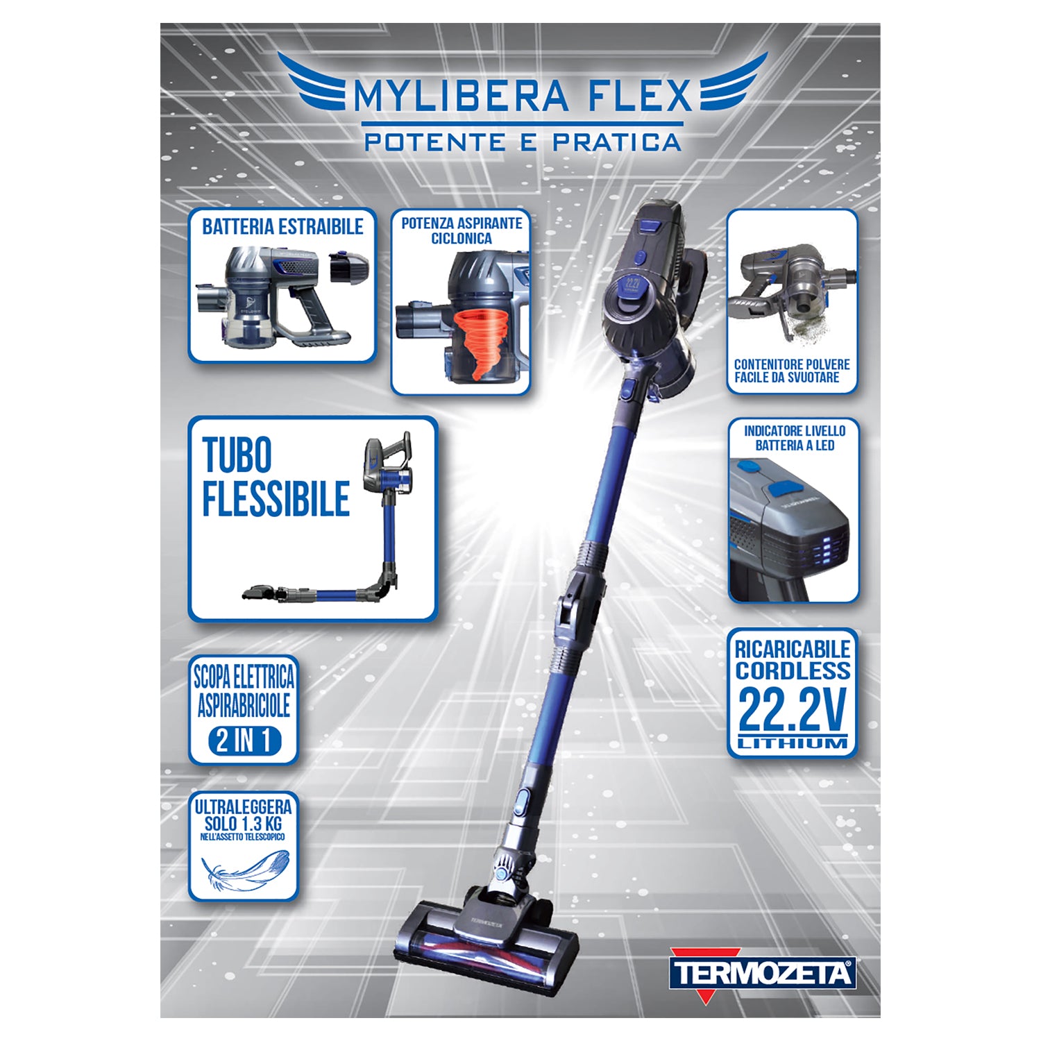 TERMOZETA - Scopa Elettrica 2 in 1 senza fili a batteria My Libera Flex 140 Watt